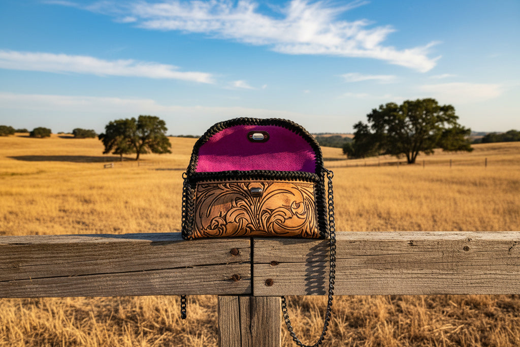 Hand-Tooled Feather Clutch | Pink with Black Hardware