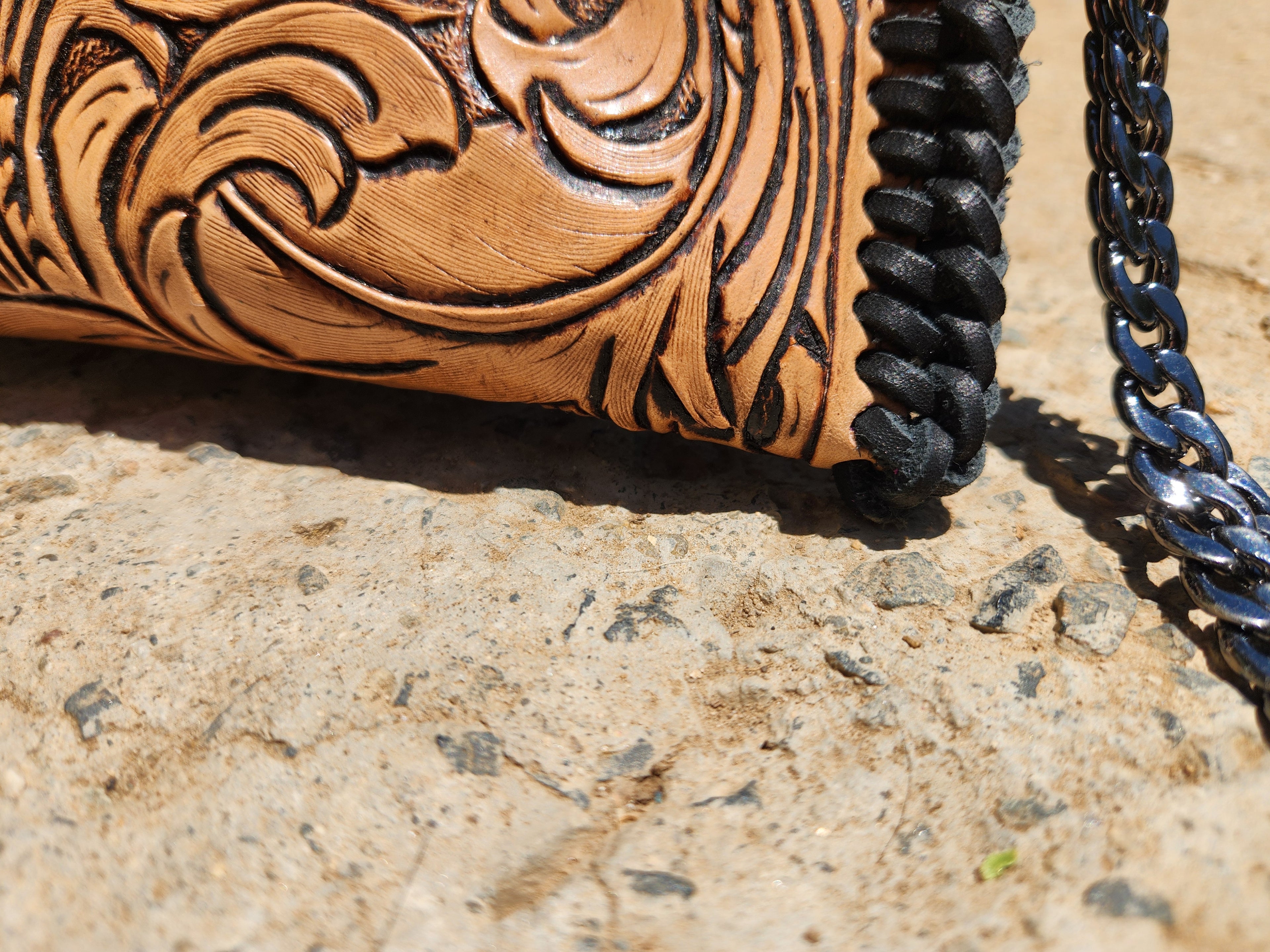 Hand-Tooled Feather Clutch | Pink with Black Hardware