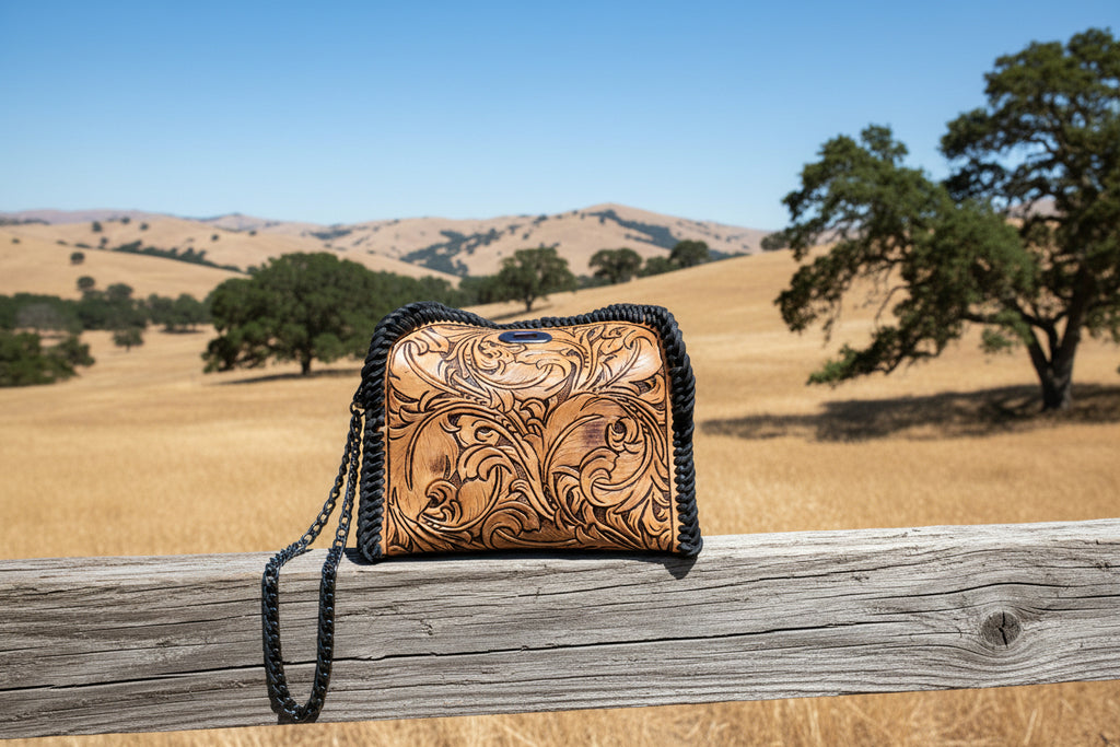 Hand-Tooled Feather Clutch | Pink with Black Hardware