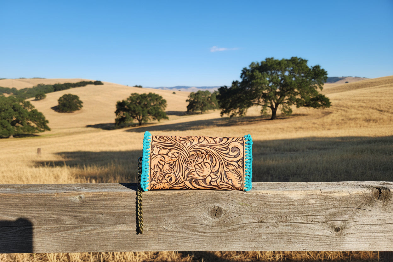 Turquoise Tooled Leather Clutch