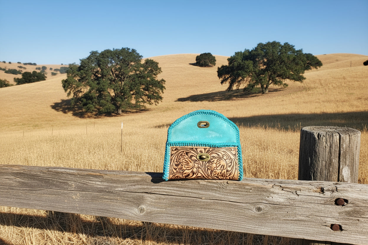 Turquoise Tooled Leather Clutch