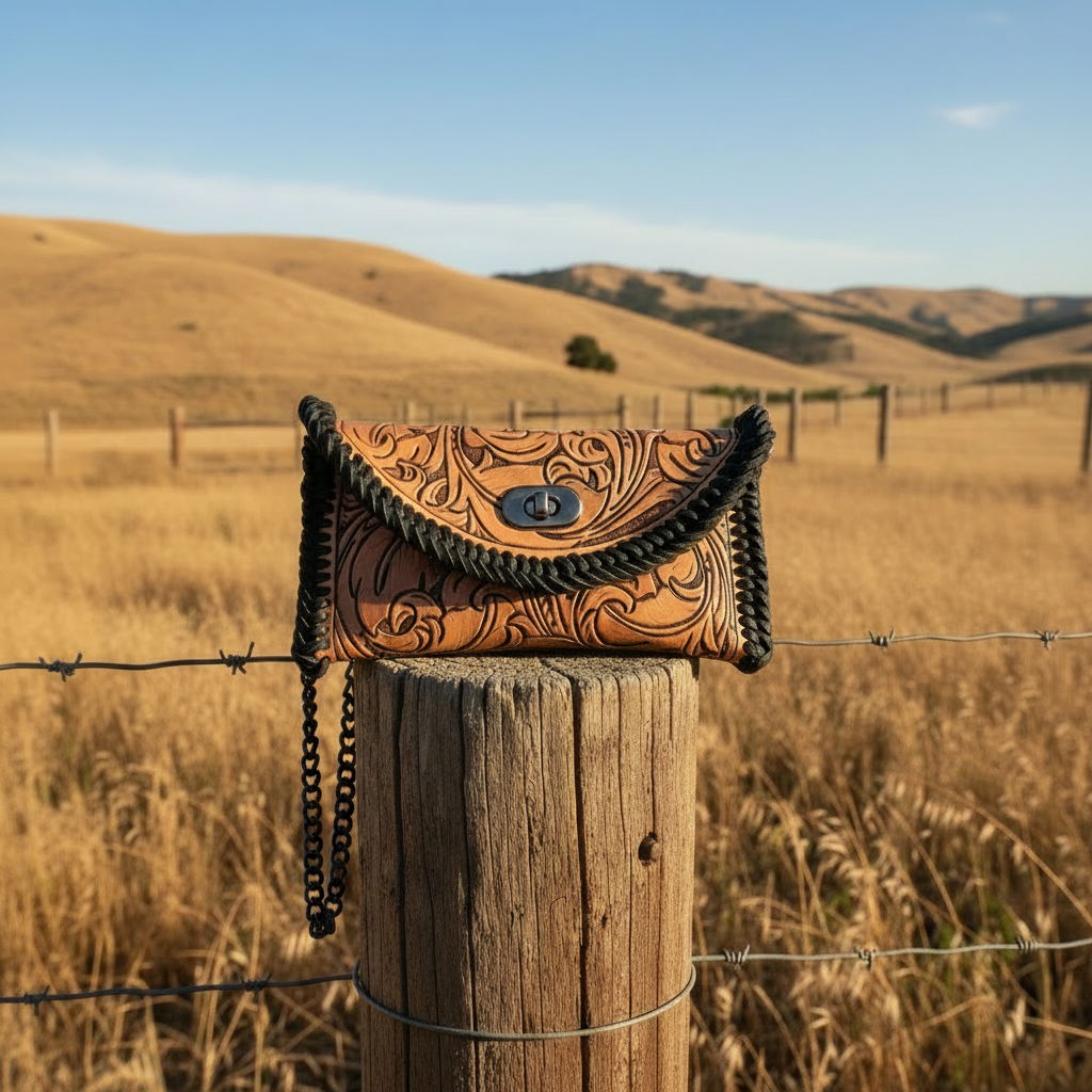 Hand-tooled leather clutch with floral scrollwork, black leather lace edging, and single-side black chain strap on a California ranch summer background